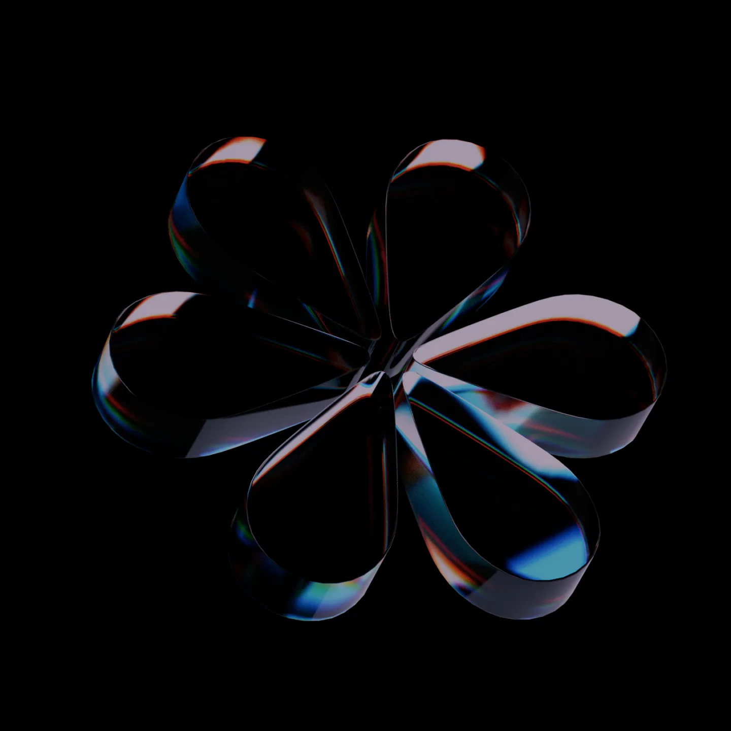 Abstract glossy black six-petal flower shape with reflective highlights on a black background.