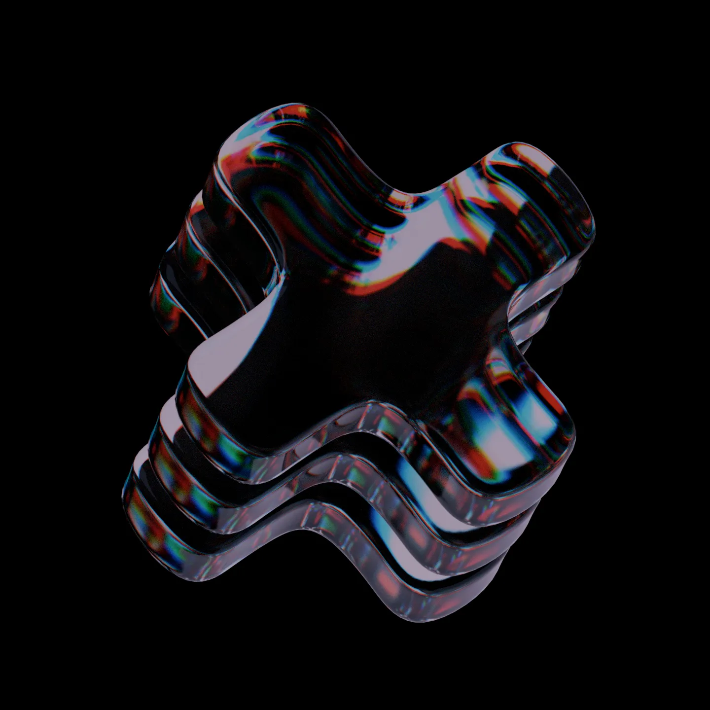 Stacked glossy black plus-shaped objects with multicolored light reflections on a black background.