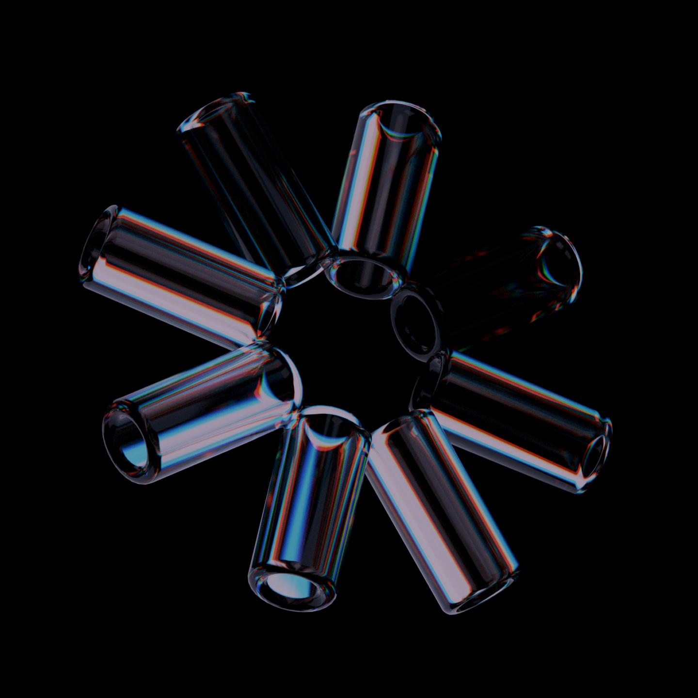 Eight transparent cylindrical glass tubes arranged in a circular pattern on a black background.