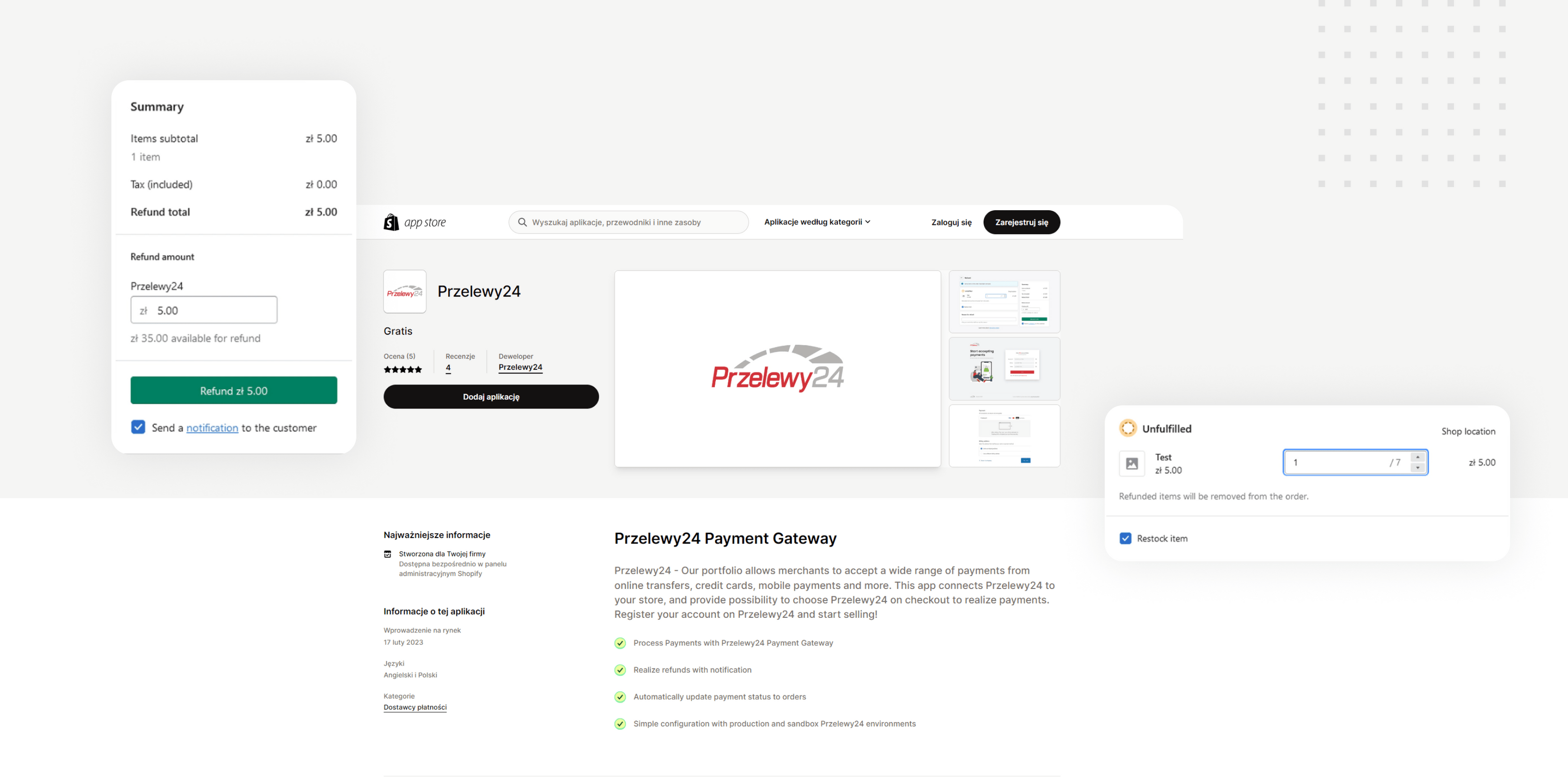 Screenshot of Przelewy24 app interface showing refund summary, app details with logo, and unfulfilled order refund options on an e-commerce platform.