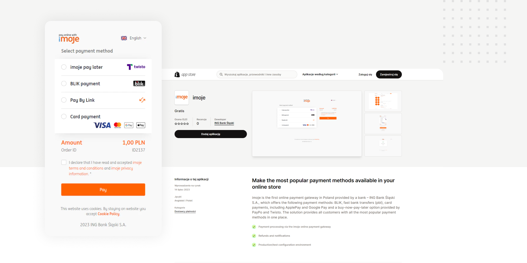 Screenshot of imoje payment app page showing payment methods including imoje pay later, BLIK, Pay By Link, and card payment with Visa, Mastercard, Apple Pay, and Google Pay options, and order amount of 1.00 PLN.