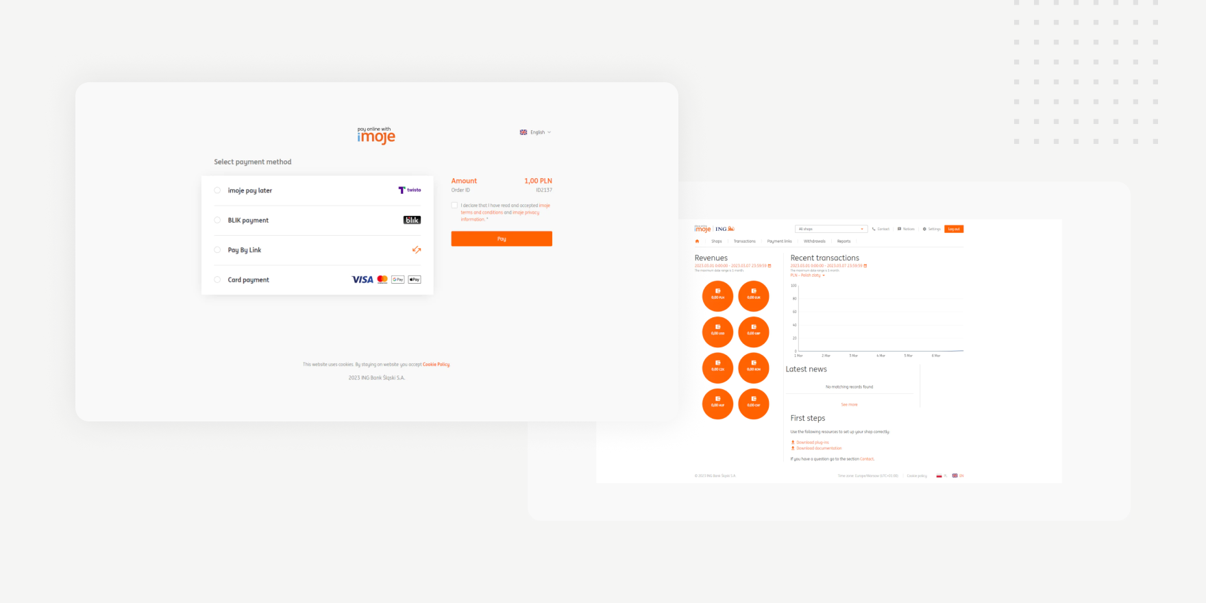 Two web interface screens: the left screen shows a payment method selection with options like imoje pay later, BLIK payment, Pay By Link, and card payment; the right screen displays a dashboard with revenues, recent transactions chart, and latest news sections.