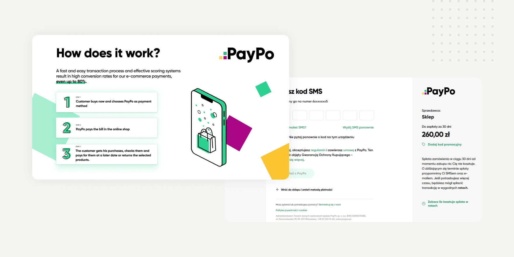 Explanation of PayPo payment process with three steps and a smartphone illustration showing online shopping.