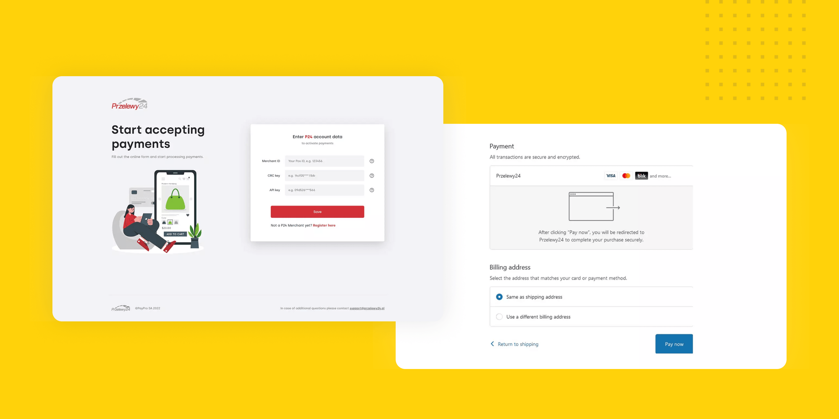 Przelewy24 payment interface showing account data input form on left and secure payment and billing address options on right.