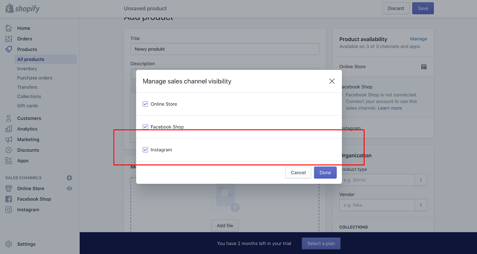 panel Shopify jak udostępnić produkt na Instagramie