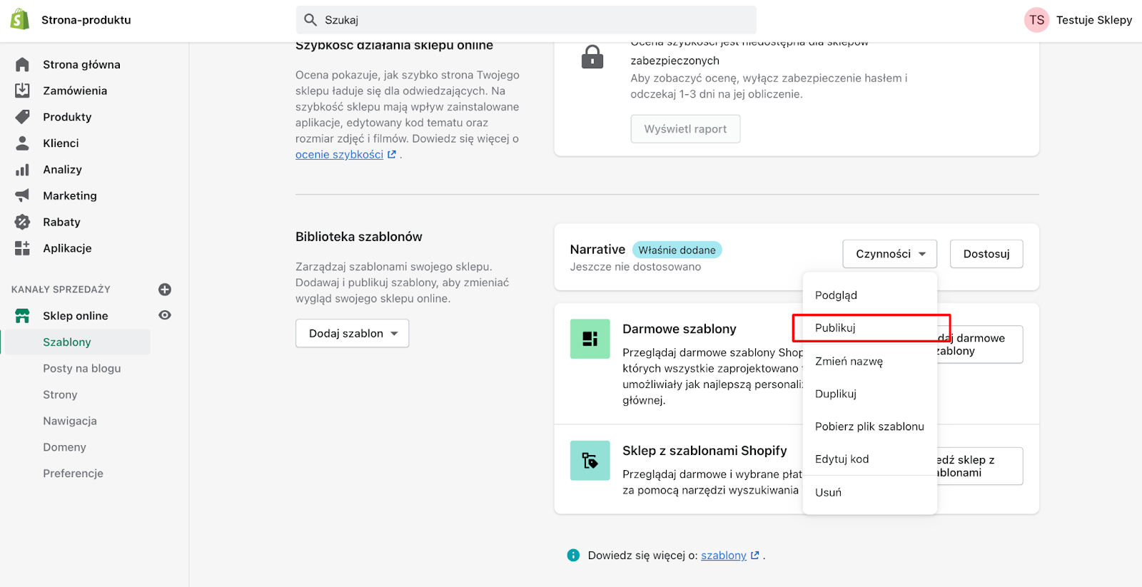 panel administracyjny shopify, gdzie opublikujesz szablon