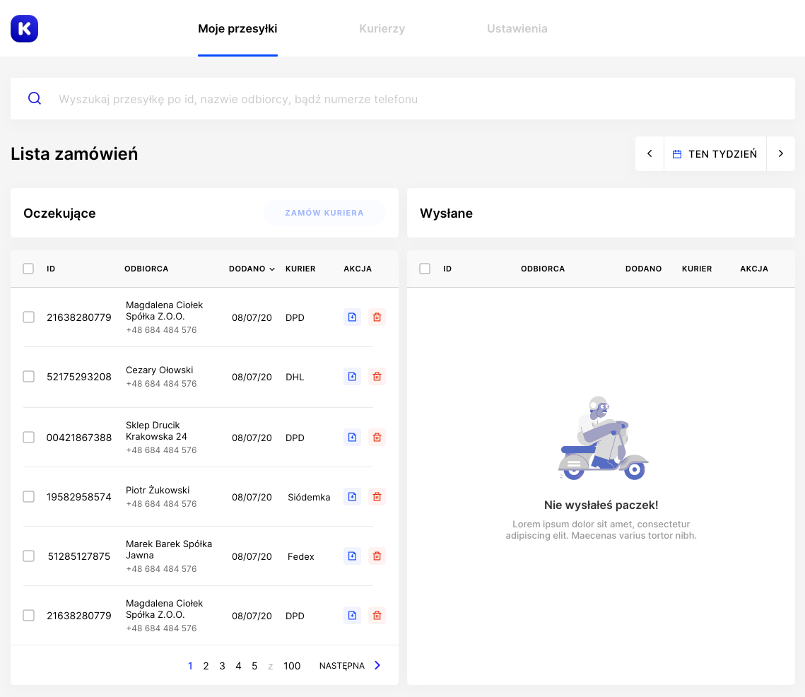 Aplikacja na Shopify Polska kurier dpd, dhl zrzut ekranu