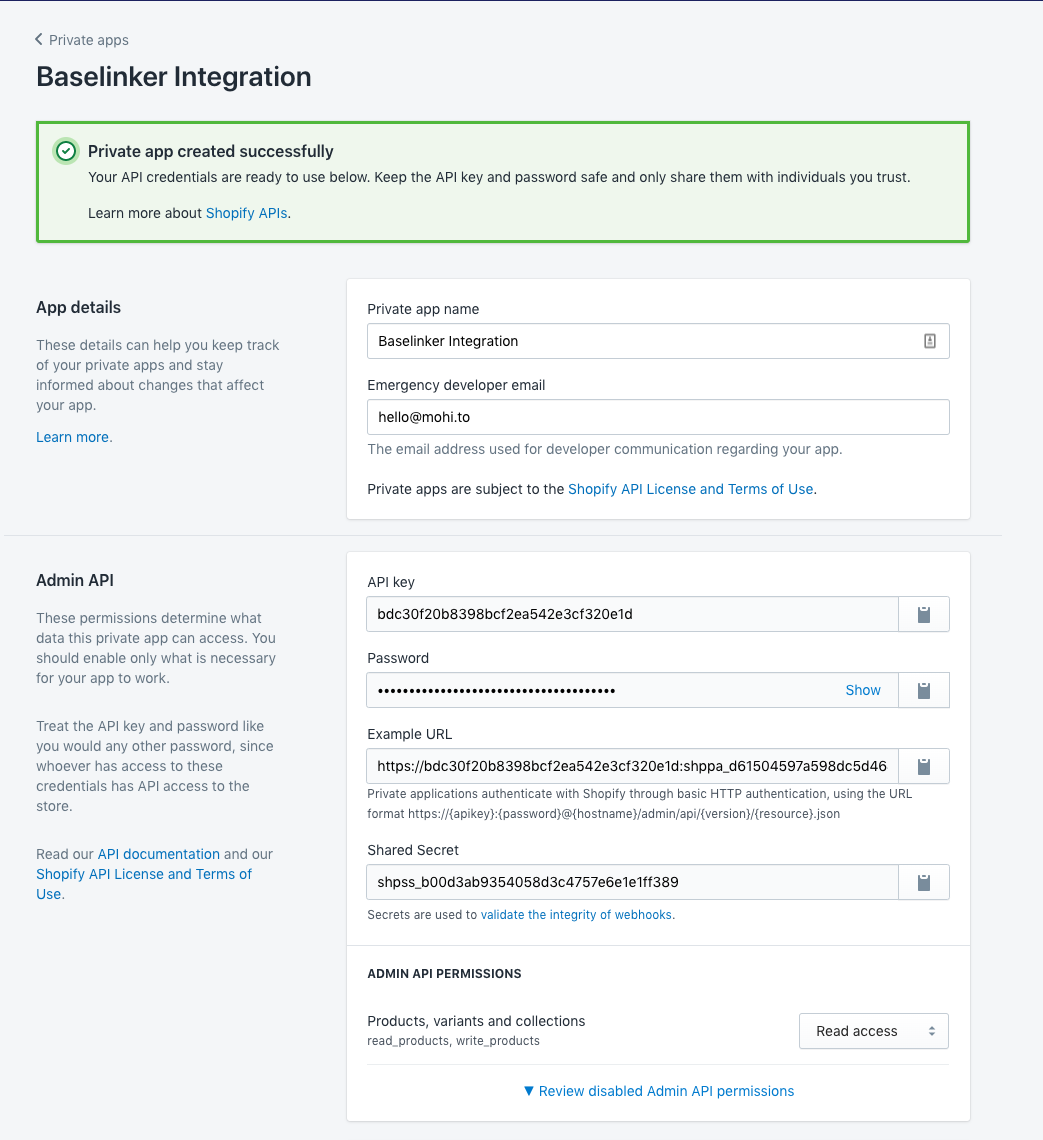A screenshot that shows how to integrate Baselinker with Shopify