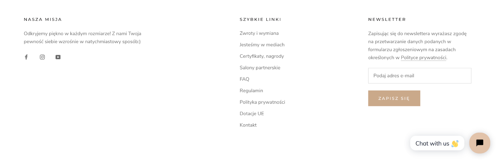 stopka sklepu internetowego just beck ma zapis na newsletter