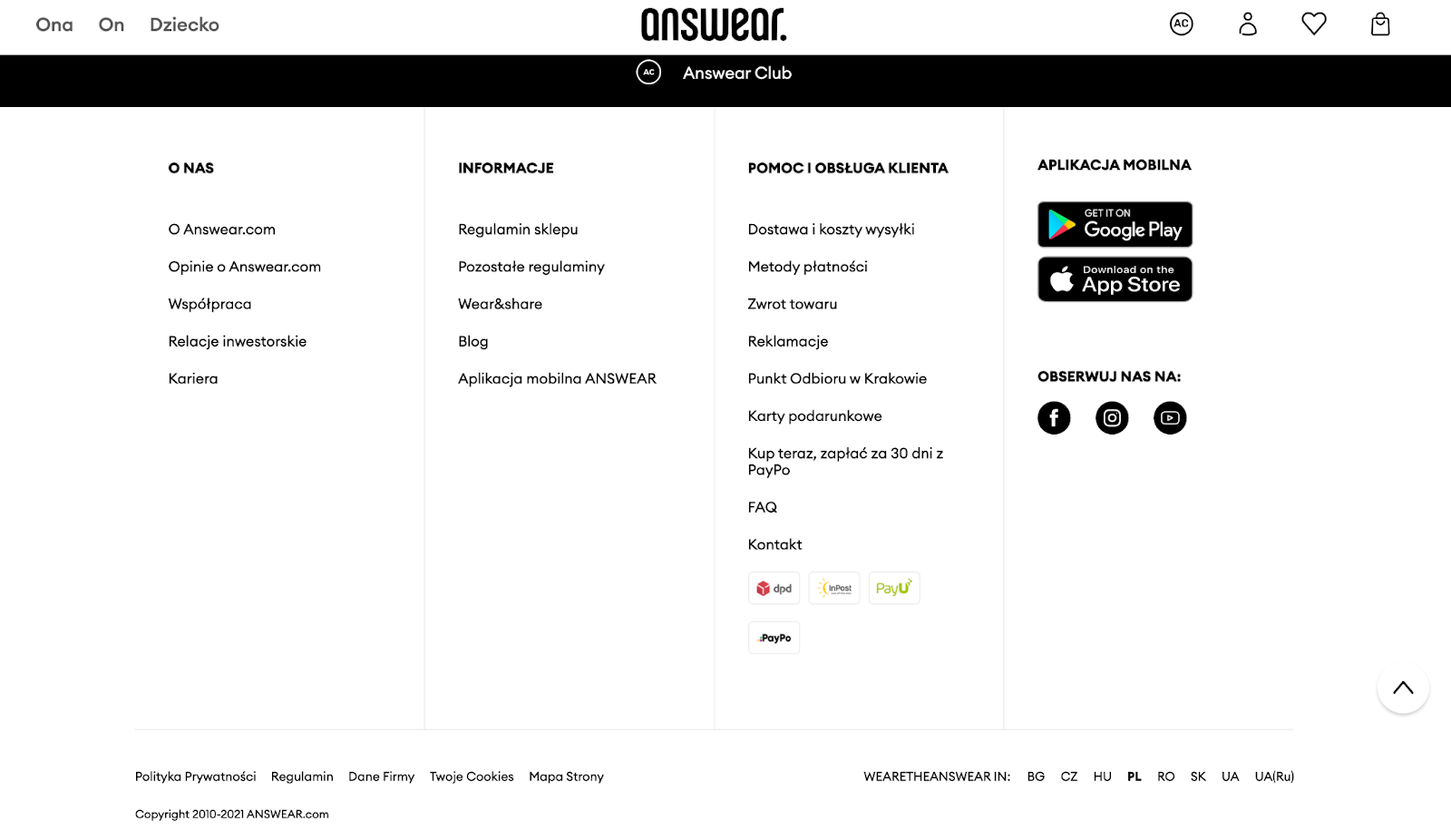 stopka sklepu internetowego answear, ten sklep nie jest oparty o shopify