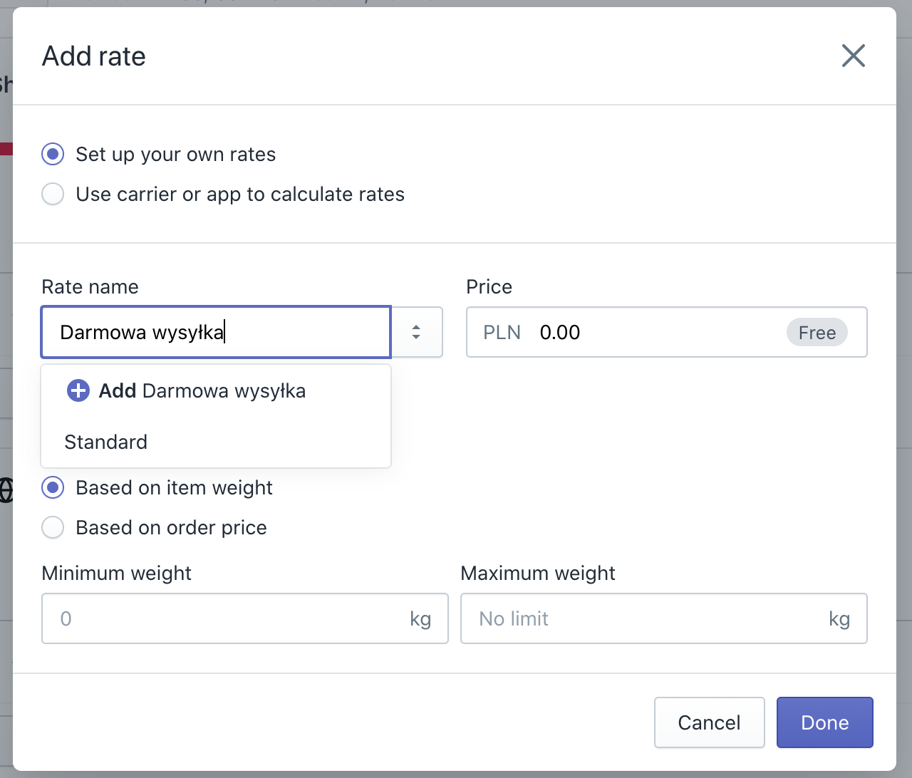 Screenshot jak ustawić darmową wysykę w Shopify