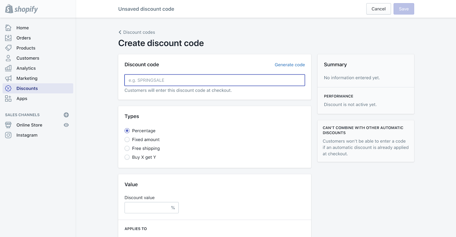 Screenshot pokazujący, gdzie ustalisz akcję promocyjną w Shopify