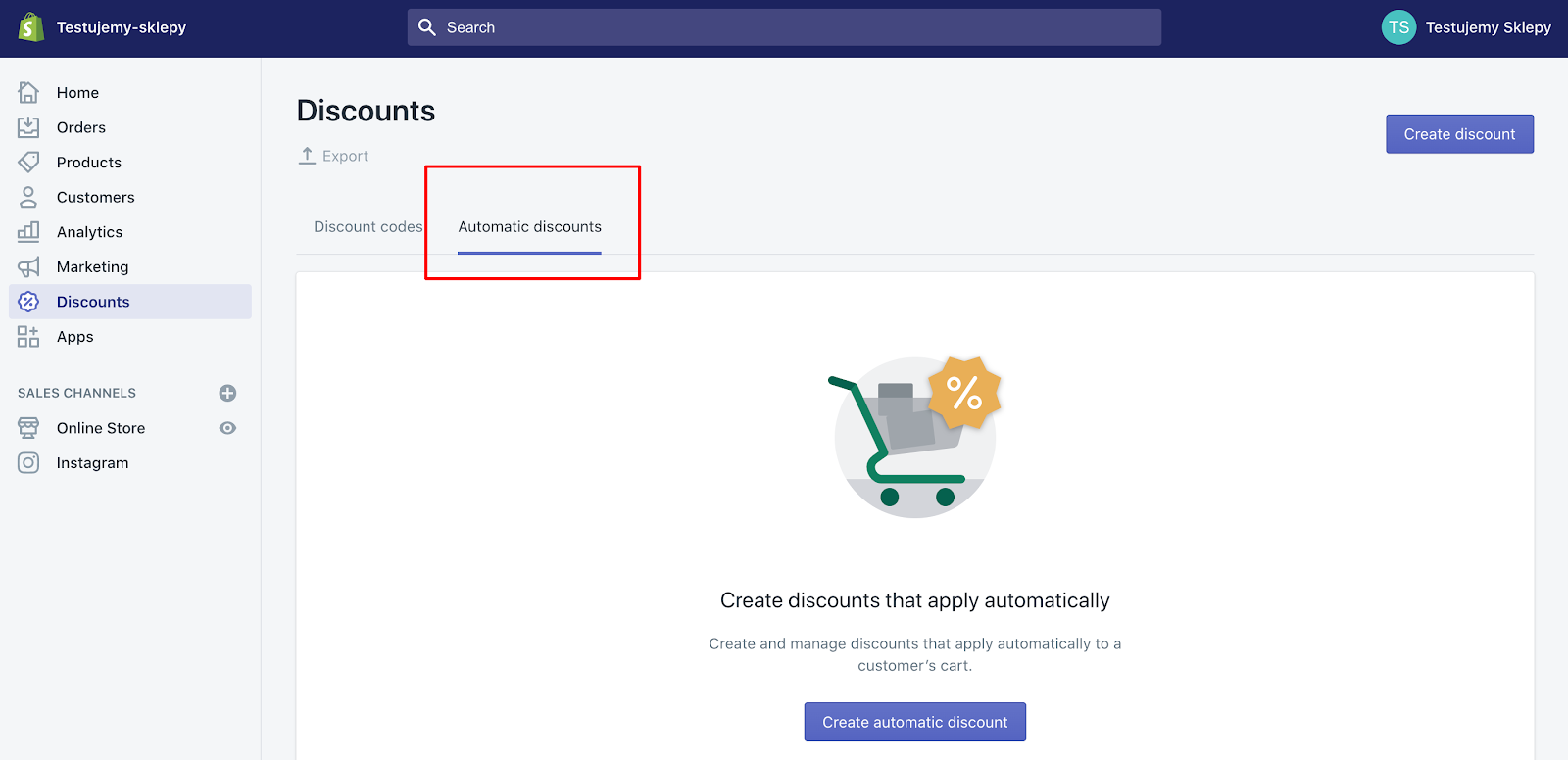 Screenshot jak ustawić zniżki w Shopify