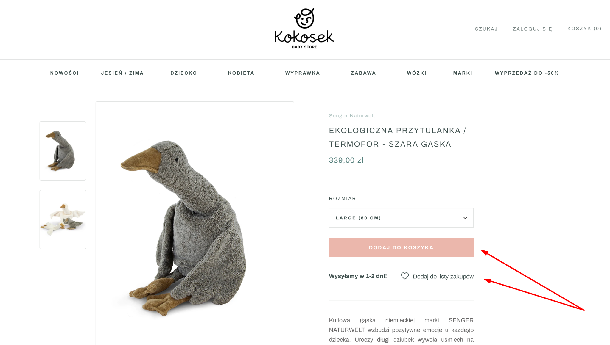 strona produktu w sklepie na shopify kokosek