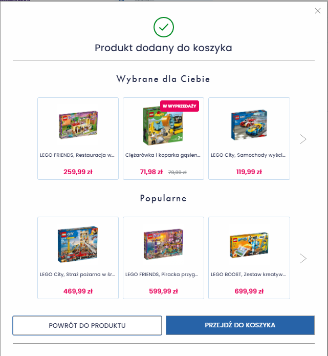 przykład okienka pop-p z rekomendowanymi produktami