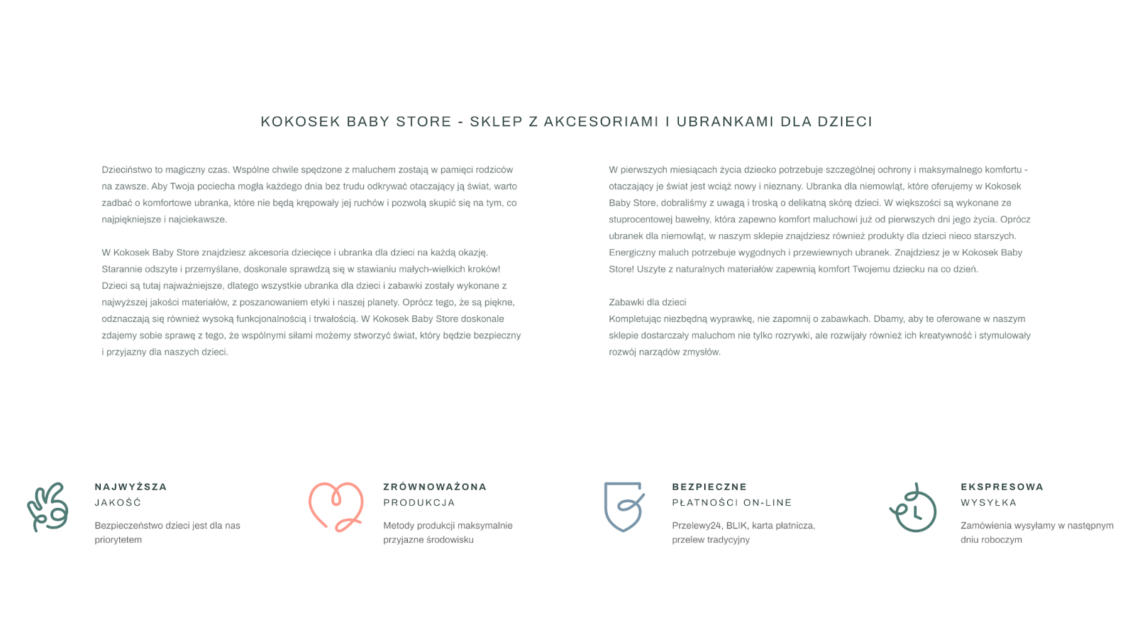 strona główna klepu internetowego powinna być zoptymalizowana pod seo, tu fragment sklepu Kokosek z opisem marki
