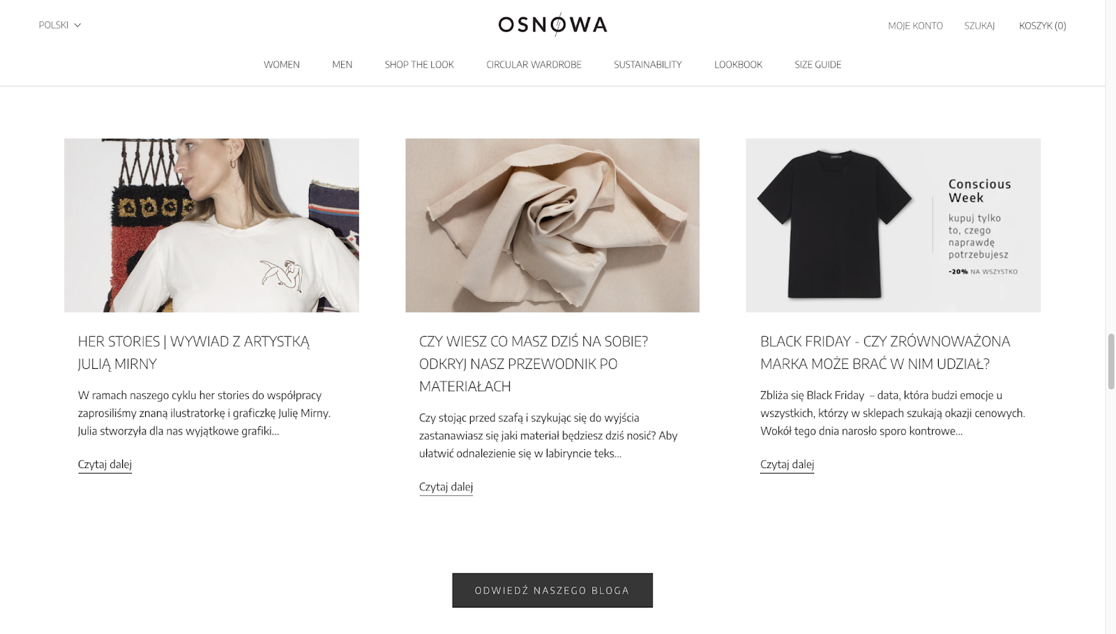 strona gówna Osnowa.prowadzi użytkownika na bloga marki