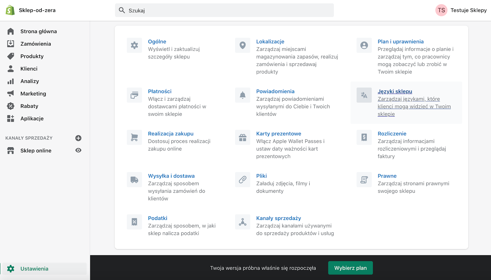 Shopify po polsku ekran pokazujący gdzie ustawiamy