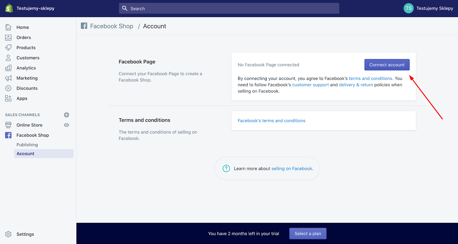 jak połączyć Facebooka panelu Shopify?
