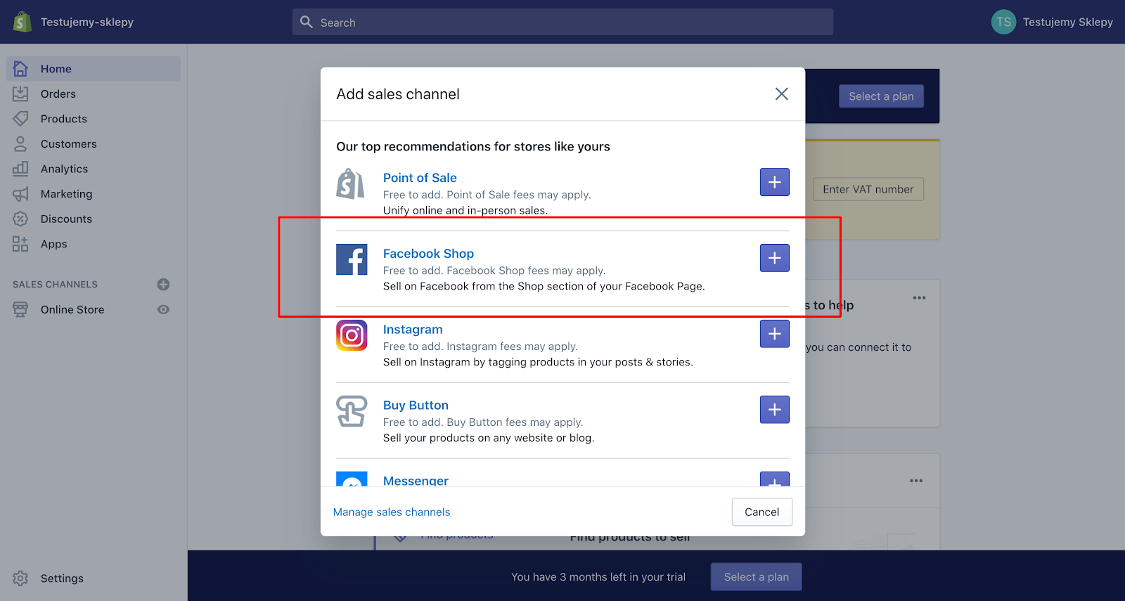 połącz Facebooka w Shopify