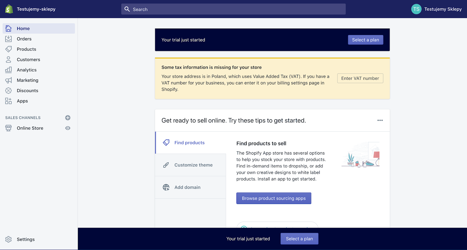 panel administracyjny shopify