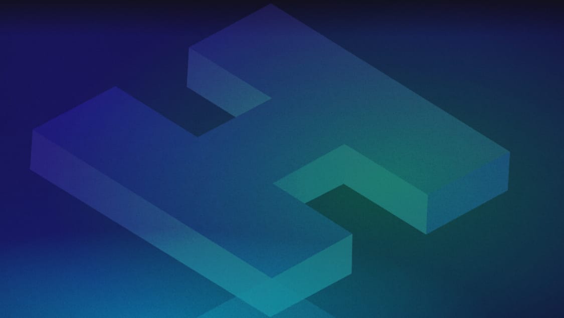Abstract isometric 3D letter H in blue and green gradients on a dark background, reminiscent of the Shopify Hydrogen logo