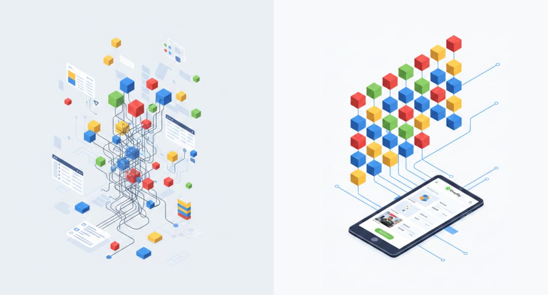 Isometric illustration of scattered, tangled product data cubes next to neatly organised cubes feeding a Shopify app on a tablet