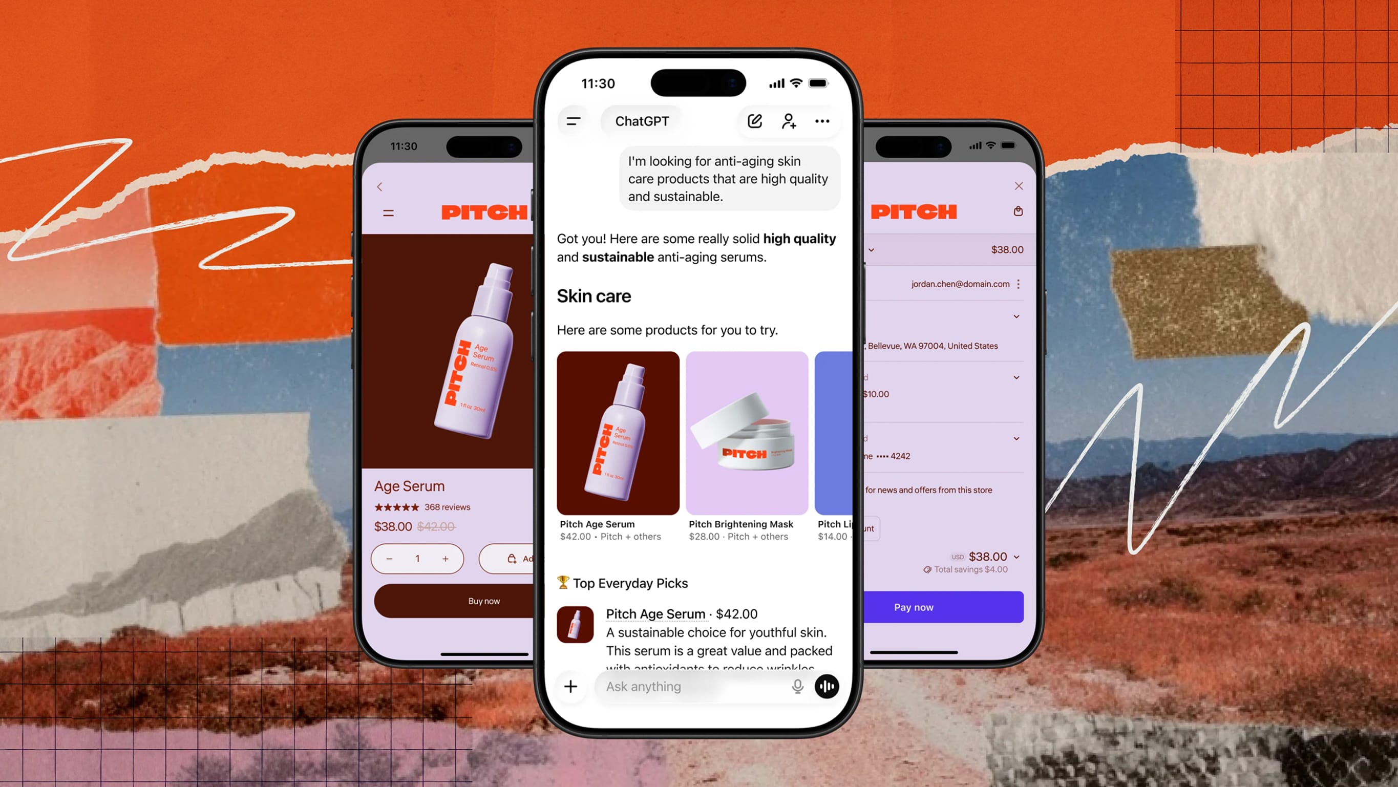 Three phones showing ChatGPT recommending Pitch skincare serums, a product page and checkout, illustrating agentic commerce