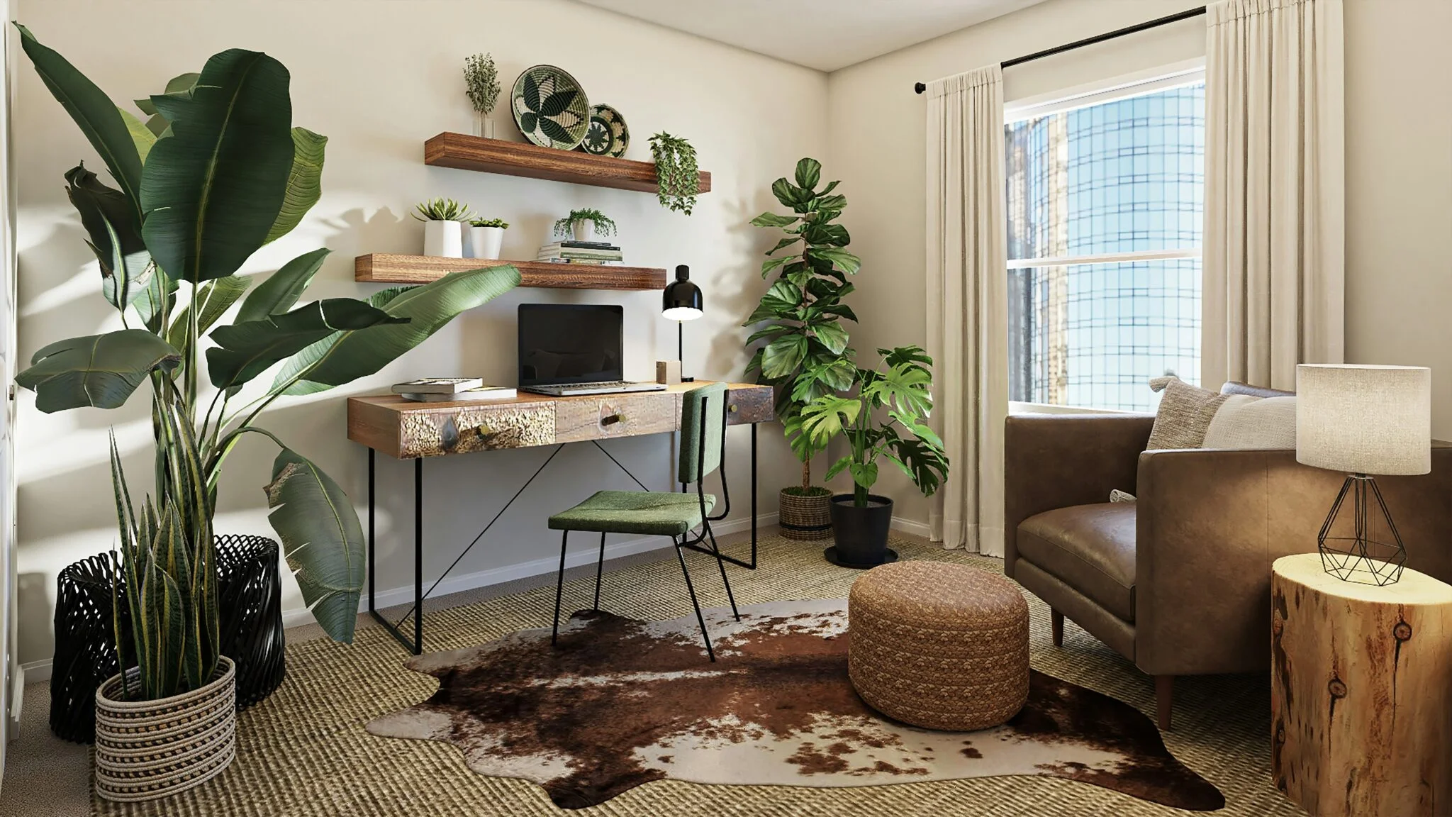 Home office with a wooden desk, green chair, large potted plants, leather armchair and cowhide rug