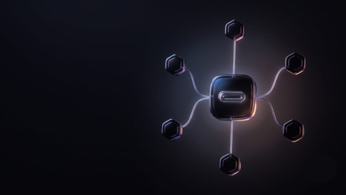 3D illustration of a glowing central node connected by lines to six hexagonal nodes on a dark background
