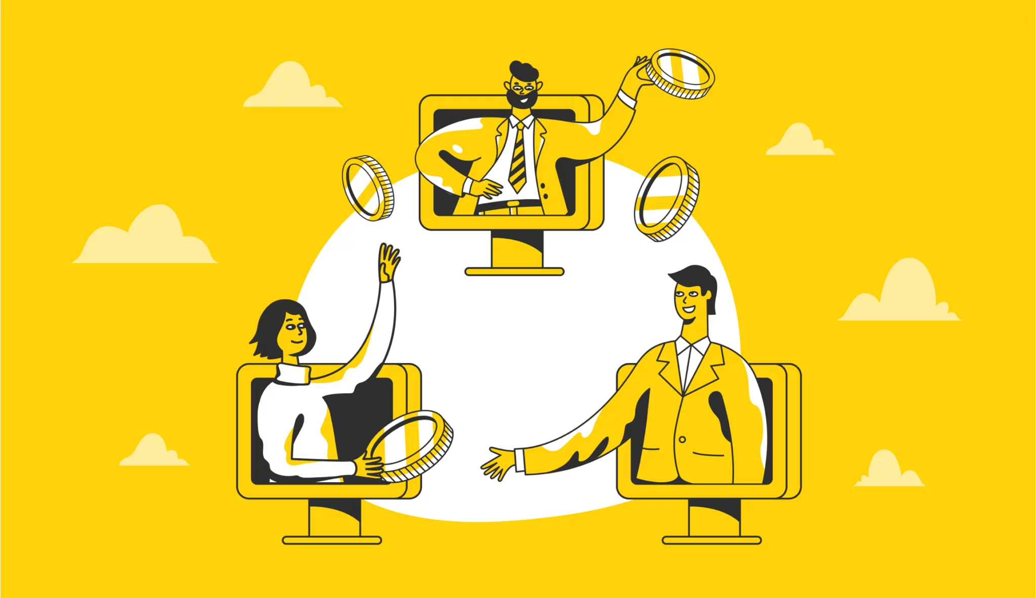 Yellow illustration of three people in computer screens exchanging gold coins, symbolising online payments