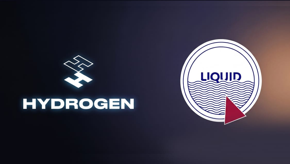 Glowing Hydrogen logo next to a round Liquid badge on a dark background, contrasting headless and theme-based Shopify