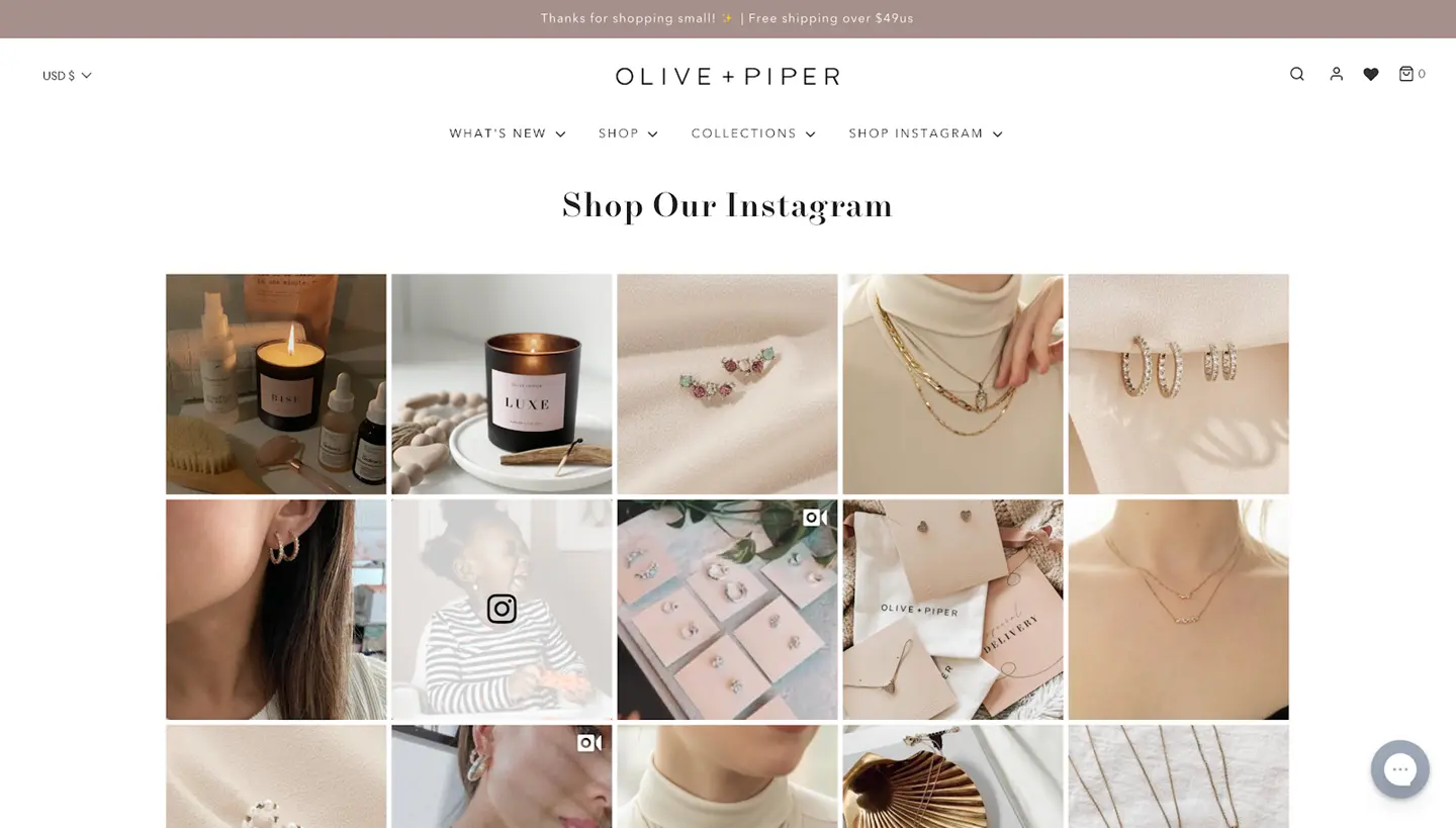 Zrzut ekranu sklepu Olive + Piper z sekcją „Shop Our Instagram” – siatką klikalnych zdjęć biżuterii z Instagrama