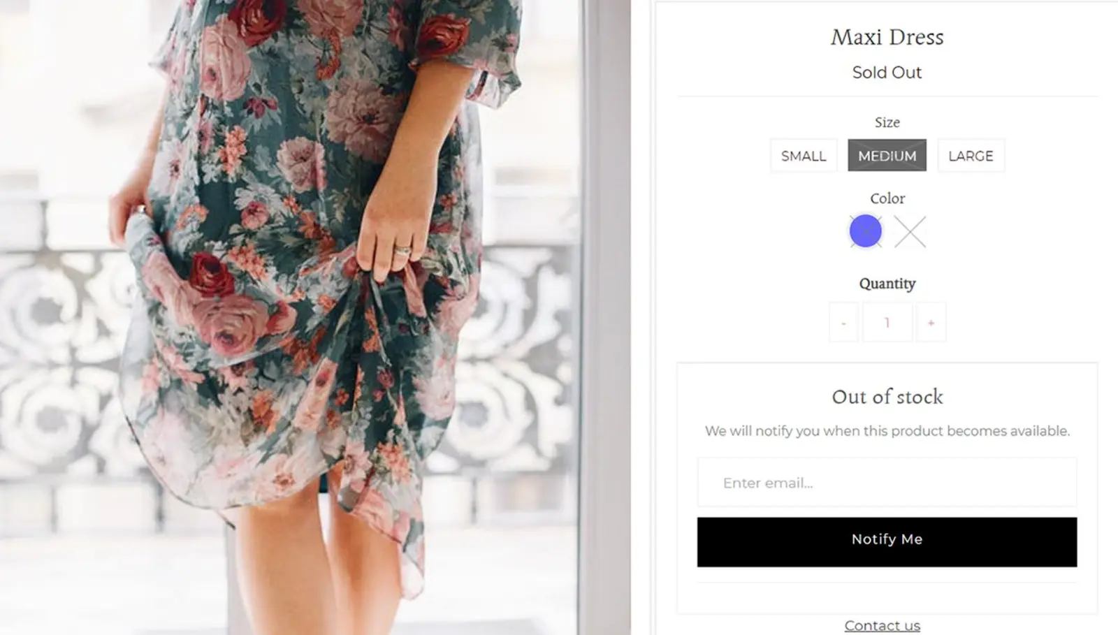 Karta produktu Maxi Dress z wyprzedanym rozmiarem i formularzem „Notify Me” do zapisu na powiadomienie o powrocie produktu