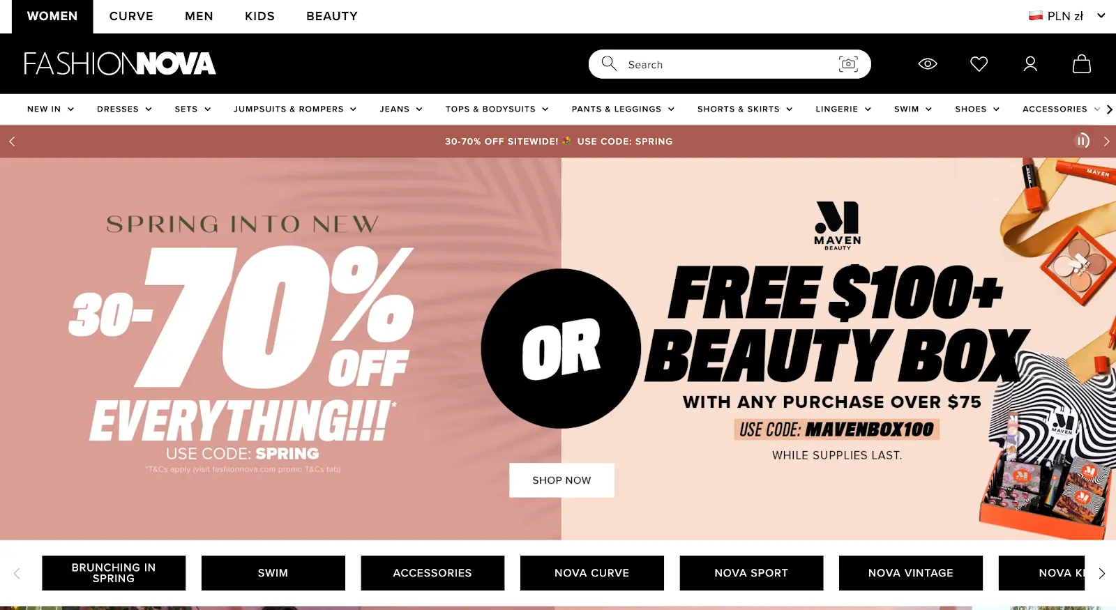 sklep na Shopify Fashion Nova zrzut ekranu