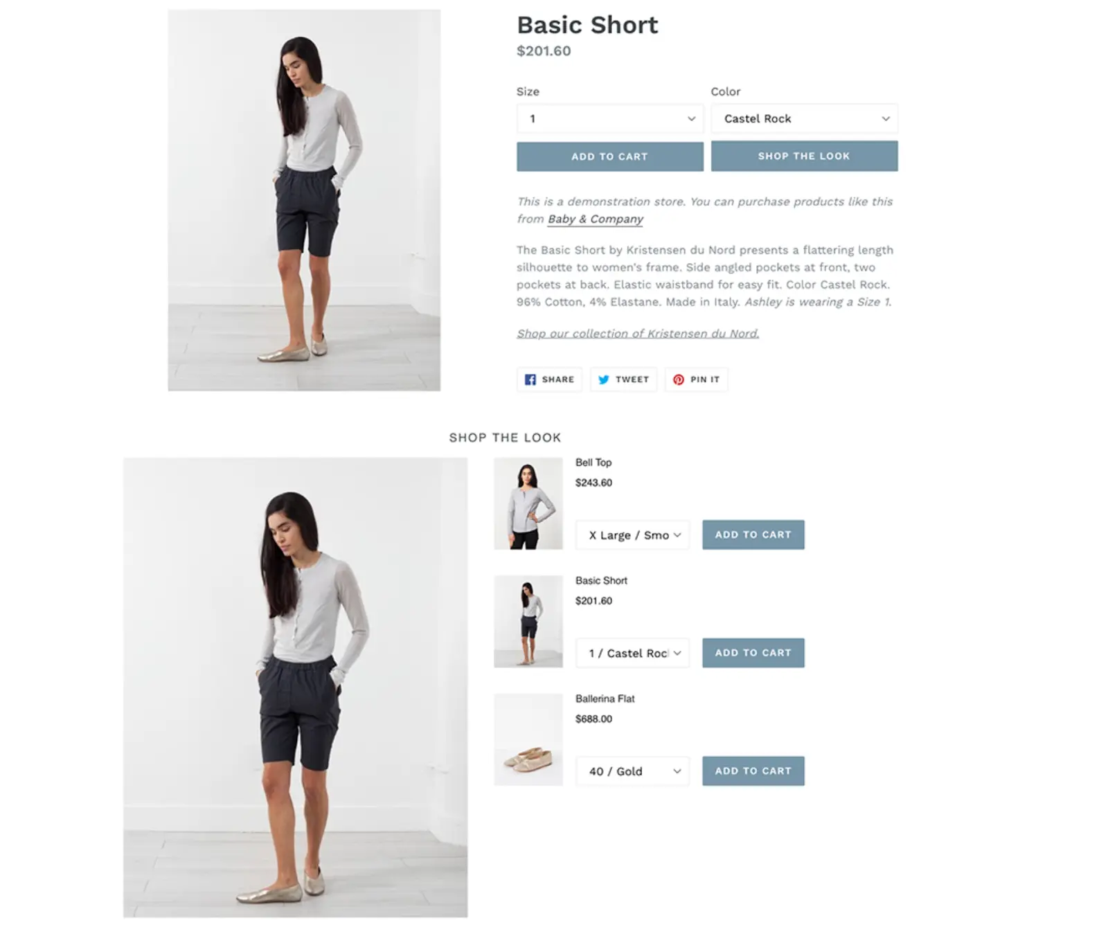 Karta produktu Basic Short w sklepie Shopify z przyciskiem „Shop the Look” i sekcją całej stylizacji z osobnymi przyciskami Add to Cart