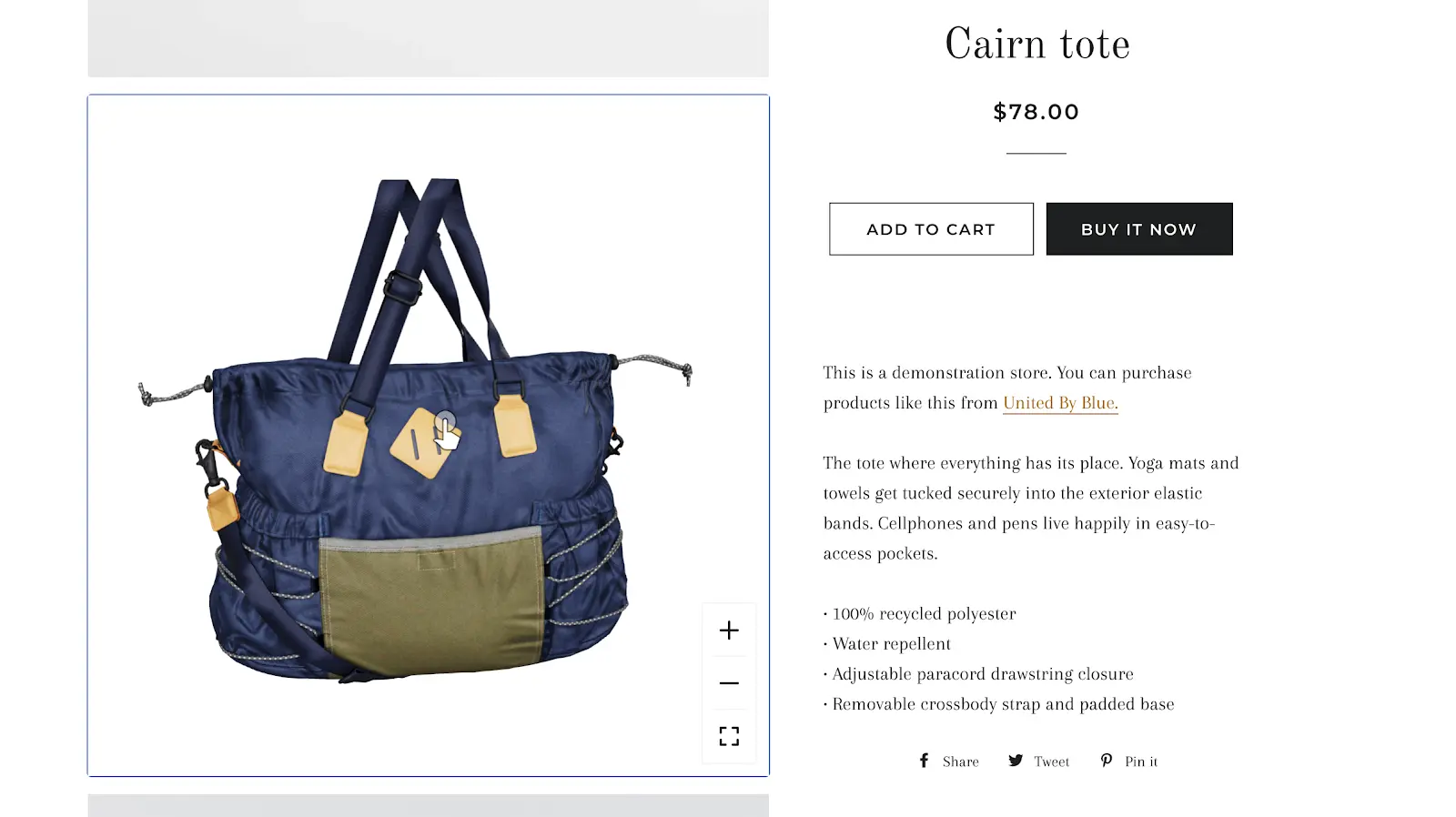 Karta produktu Cairn tote w szablonie Shopify Brooklyn z interaktywnym podglądem torby 3D/360 i przyciskami zoomu