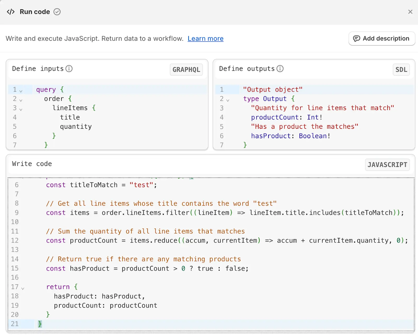Zrzut ekranu akcji Run code w Shopify Flow z polami inputs GraphQL, outputs SDL i edytorem kodu JavaScript