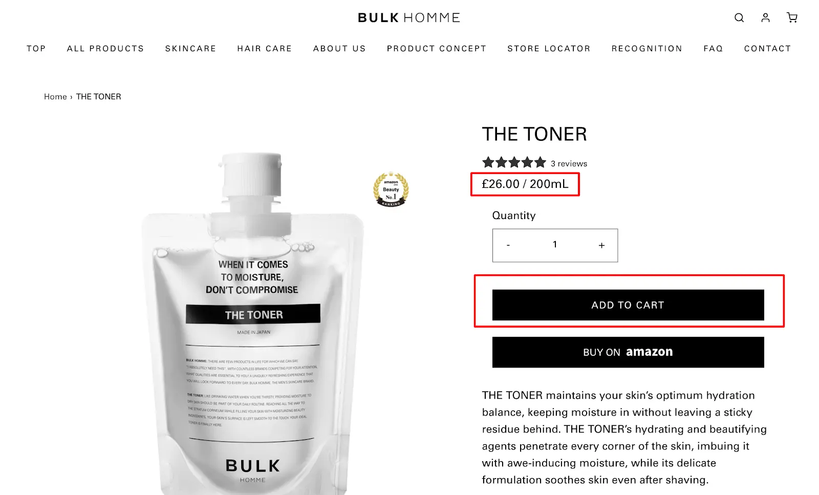 Karta produktu Bulk Homme z zaznaczoną ceną tonera i przyciskiem „Add to cart” nad linią przewijania oraz przyciskiem Buy on Amazon