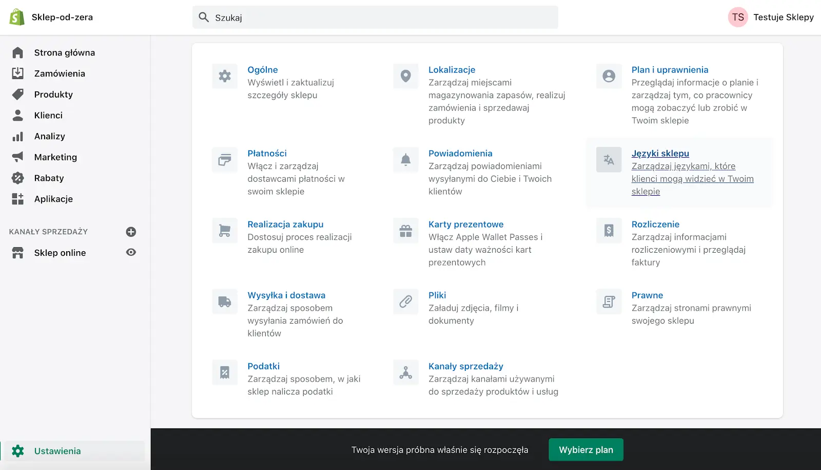 Shopify po polsku ekran pokazujący gdzie ustawiamy