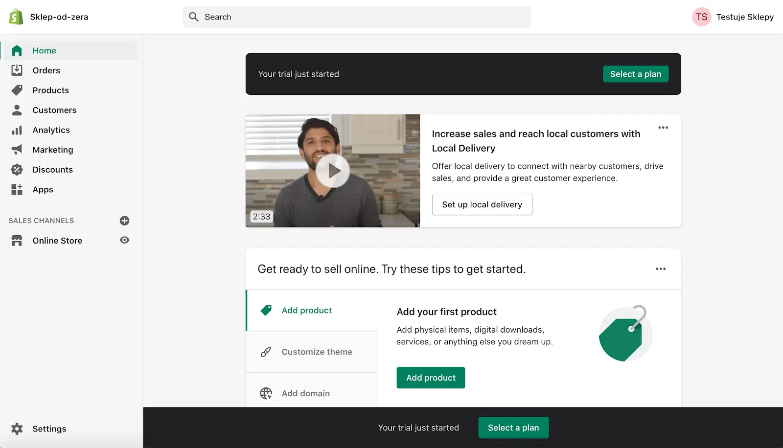 Widok po rejestracji do Shopify zrzut ekranu