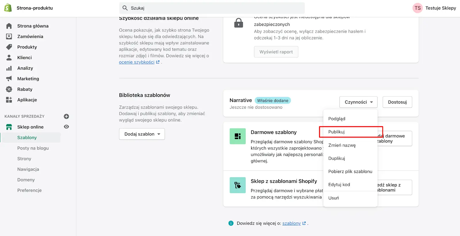 panel administracyjny shopify, gdzie opublikujesz szablon