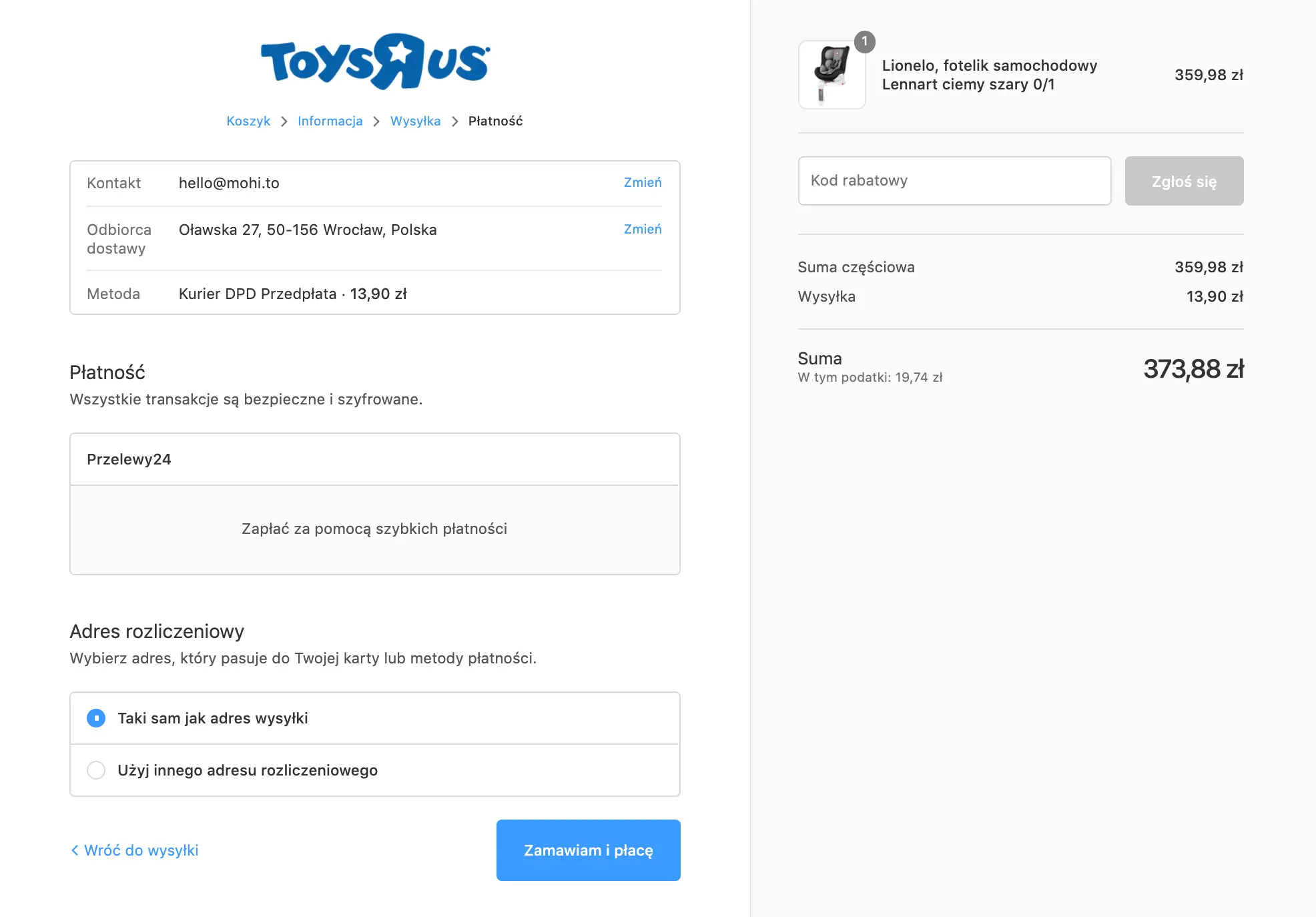 Checkout sklepu Toys'R'Us na Shopify z wybraną metodą płatności Przelewy24 i podsumowaniem zamówienia fotelika samochodowego