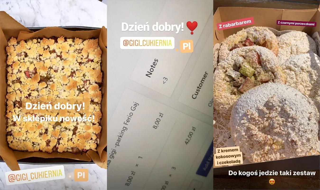 Relacje na Instagramie cukierni Gigi zapowiadające nowości w sklepiku: kruche ciasto z kruszonką, zamówienie i zestaw drożdżówek