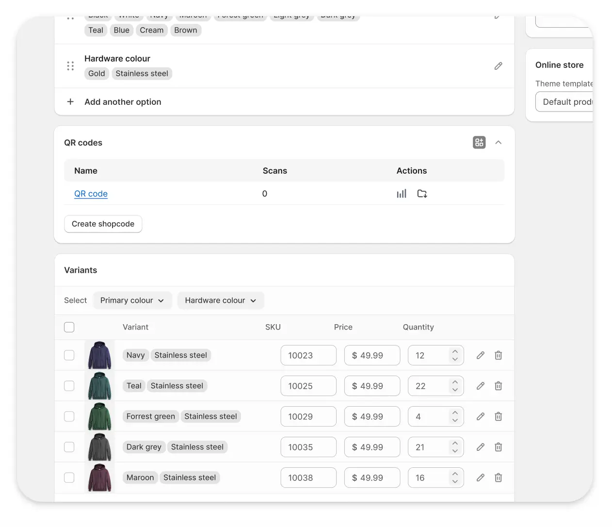 Zrzut ekranu karty produktu w panelu Shopify z nową sekcją QR codes dodaną przez Admin UI Extension nad listą wariantów