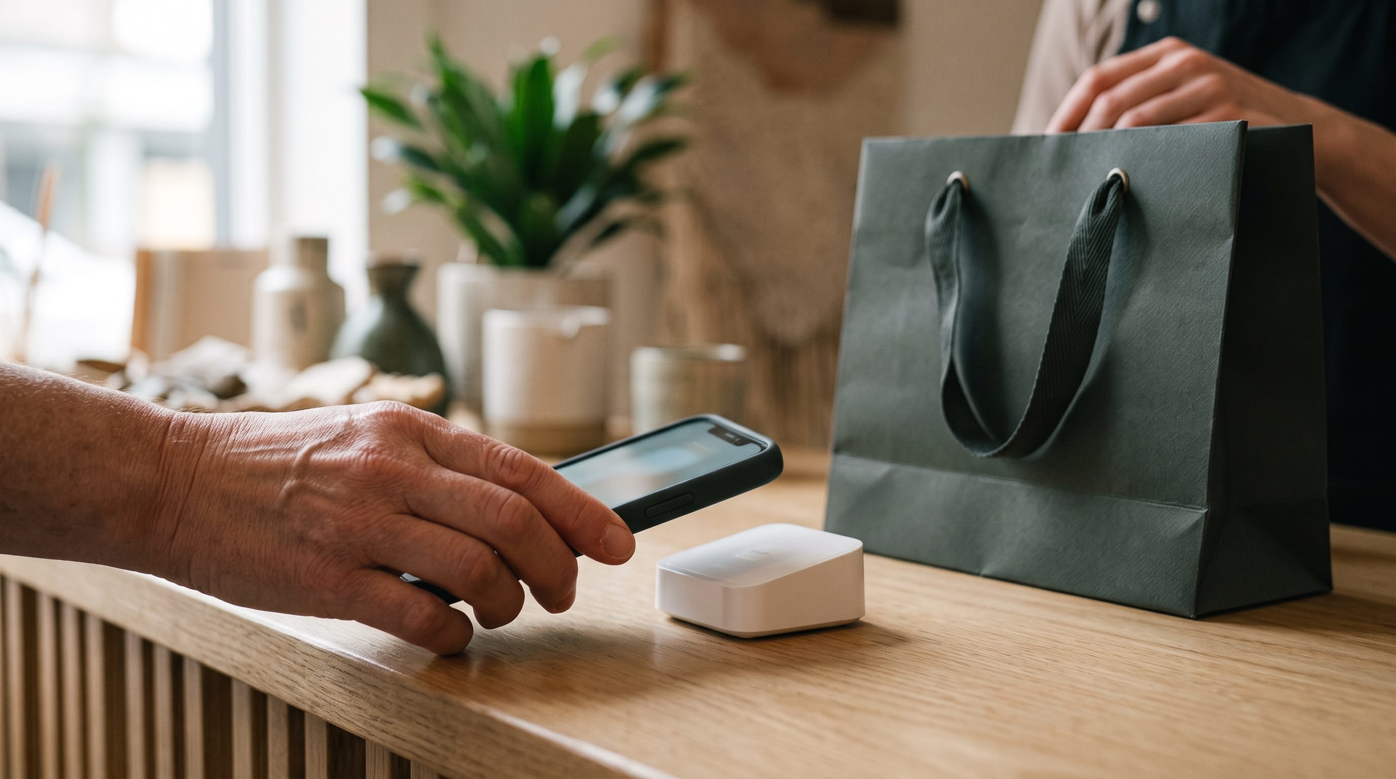 Customer paying with a smartphone on a card reader at a shop counter, illustrating payment processing fees on Shopify