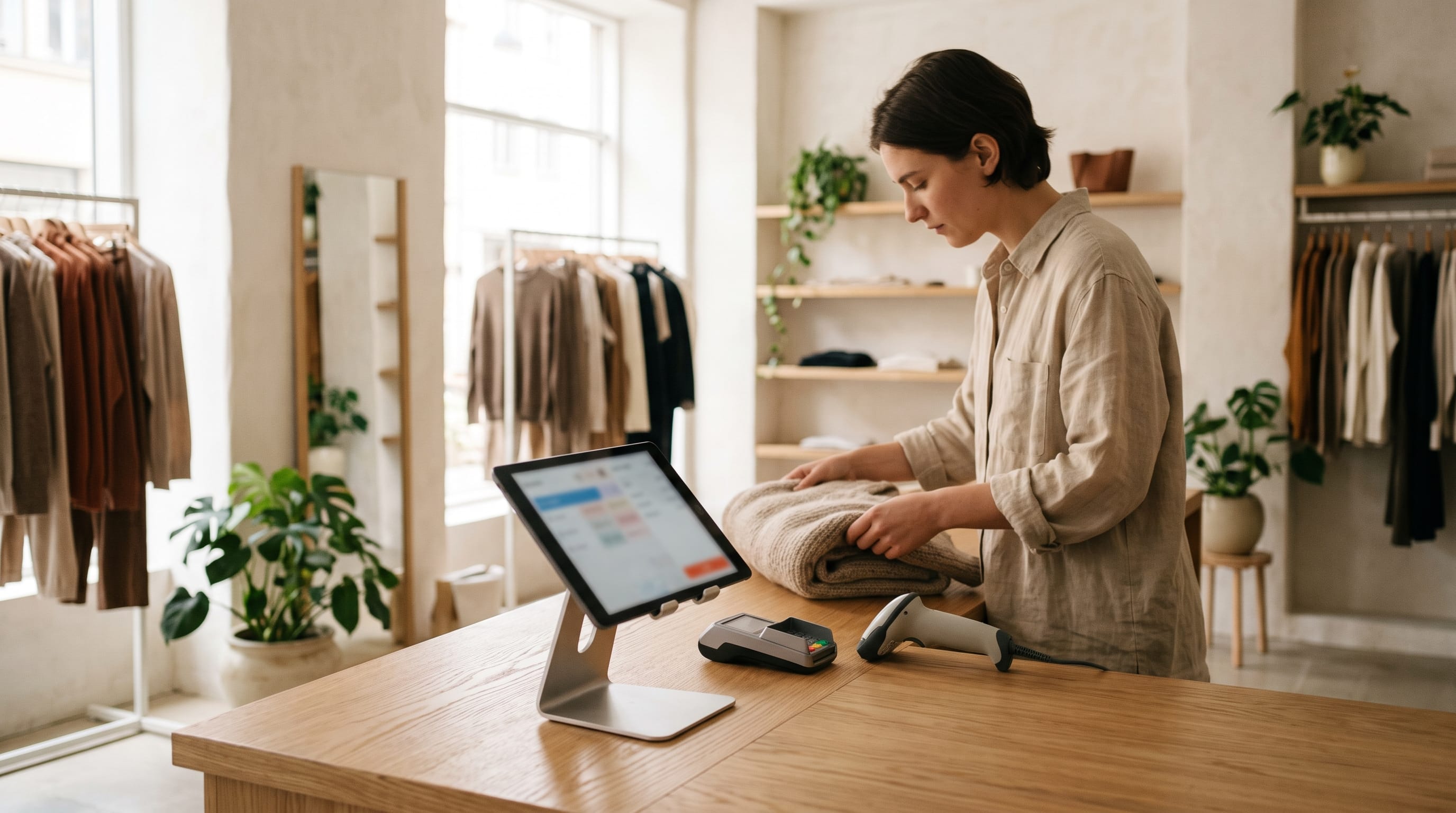 Point-of-sale setup with a tablet, card reader and barcode scanner on the counter of a small clothing boutique