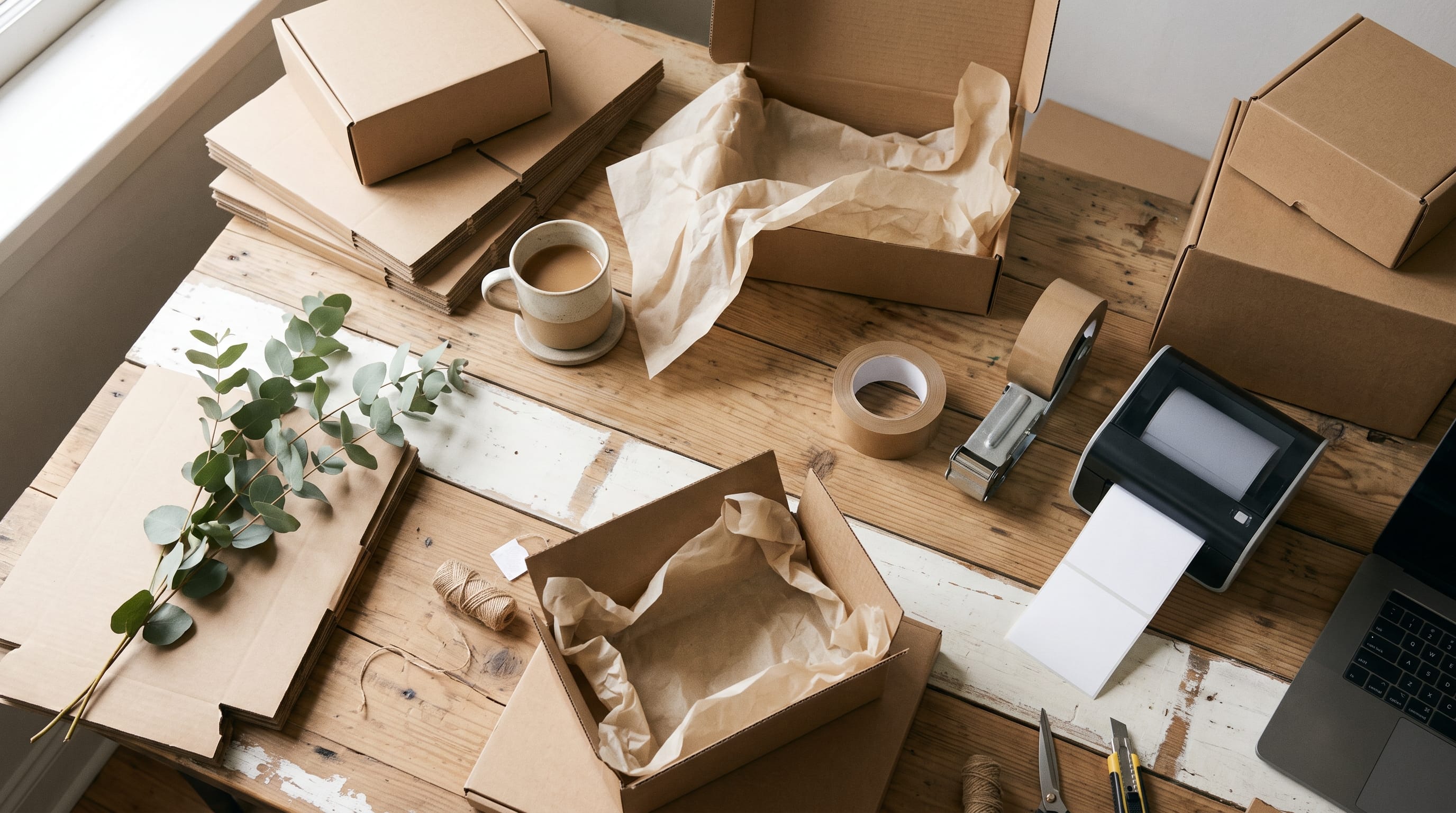 Packing table with shipping boxes, tape and a label printer in a small online store's studio
