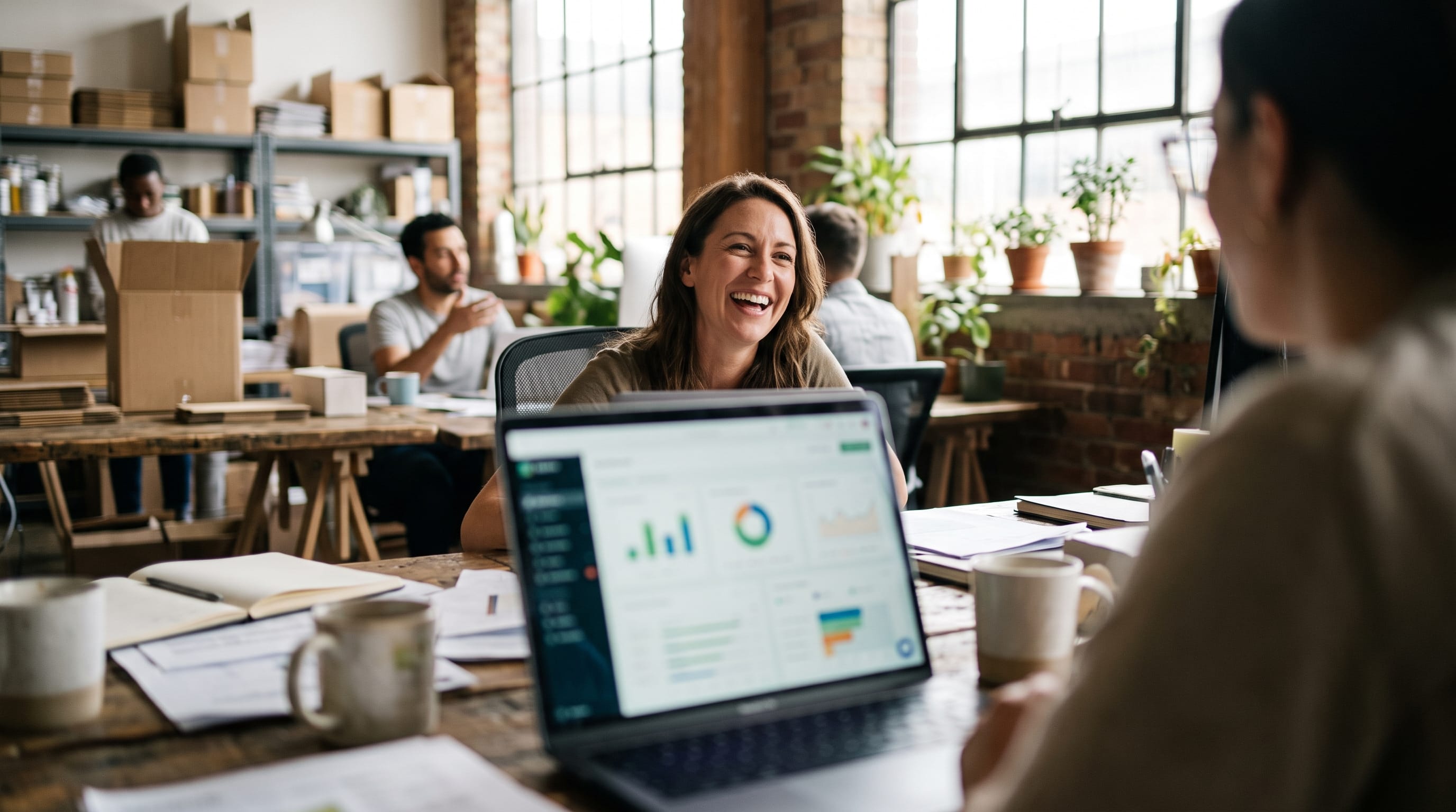 Relaxed e-commerce team in a bright office during a busy sales day, with a laptop showing a sales dashboard