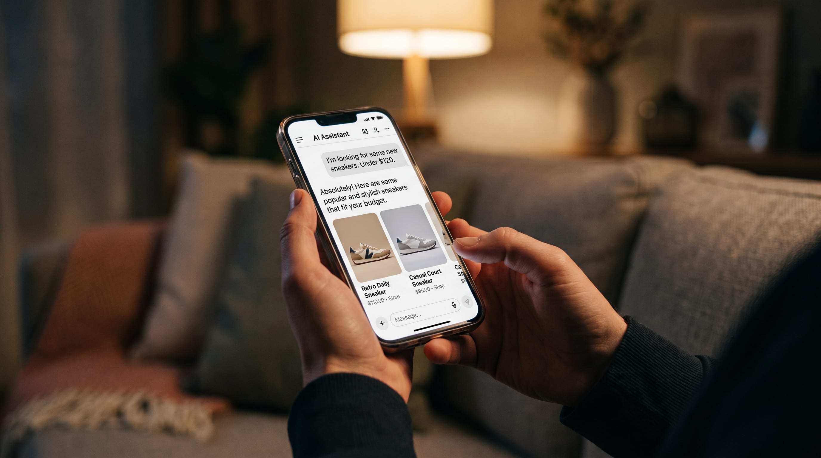 Person shopping on a smartphone inside an AI chat assistant that shows product cards with a buy button